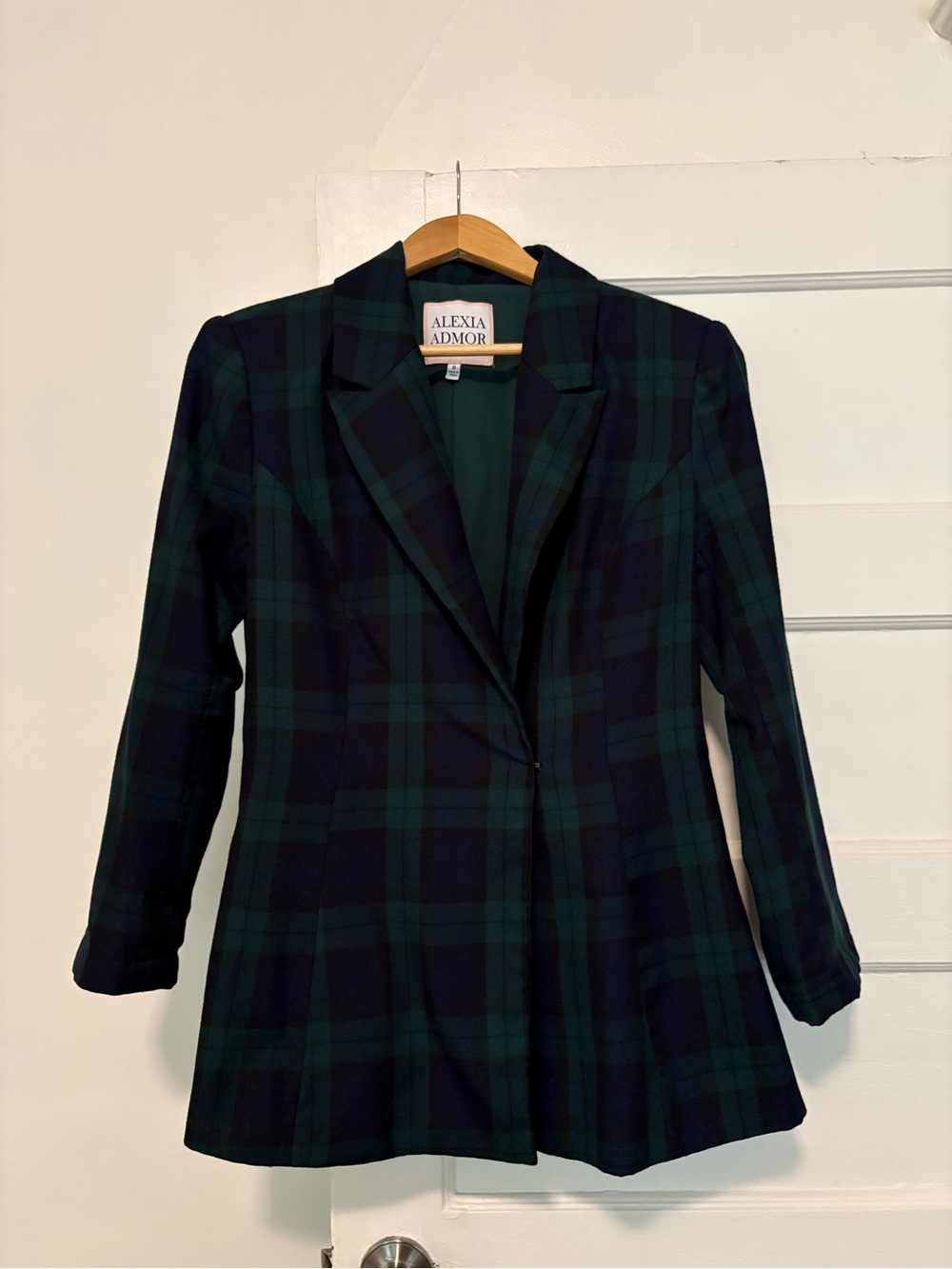 Alexia Admor Women's Dark Green Navy Plaid Blazer